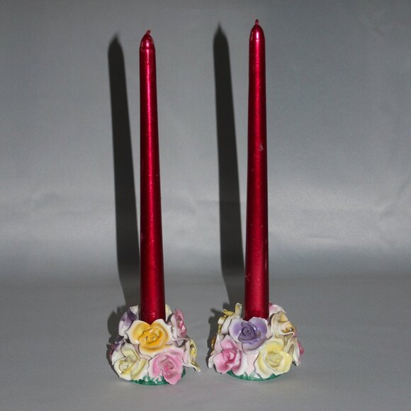 Roses Candle Holders | Japanese Ceramics | Tapered Candle Floral Bouquet Holder - Picture 1 of 12